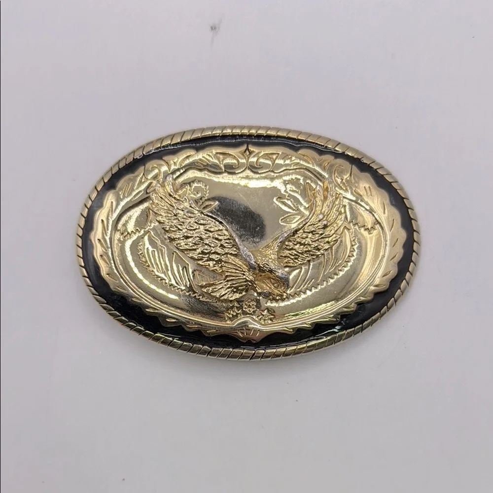 Vintage Gold Tone Black Bald Eagle Bird Belt Buckle Made In USA
